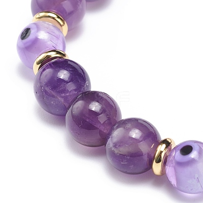 Natural Amethyst & Lampwork Evil Eye Round Beaded Stretch Bracelet BJEW-JB08713-06-1