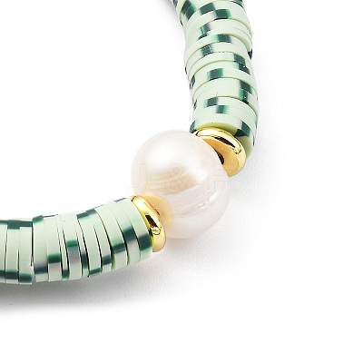 Adjustable Natural Pearl & Polymer Clay Disc Braided Beaded Bracelet for Women BJEW-O187-06-1