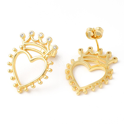 Clear Cubic Zirconia Hollow Heart with Crown Stud Earrings EJEW-R149-06G-1