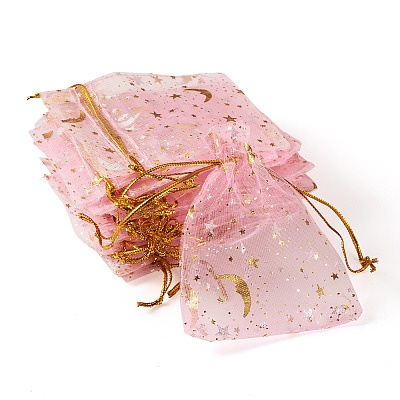 30Pcs Gold Stamping Moon Star Organza Drawstring Gift Bags ABAG-TA0002-21G-1
