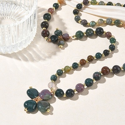 Saint Patrick's Day Natural Indian Agate Clover Pendant Round Beaded Necklaces with Brall Heart OT Clasps NJEW-G202-02G-01-1
