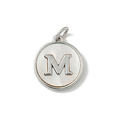Brass Pave Natural Shell Flat Round with Letter Charms KK-Z115-13P-M-1
