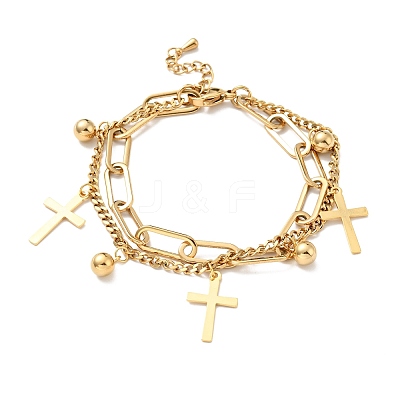 Cross and Round Ball Charm Multi-strand Bracelet BJEW-G639-25G-1