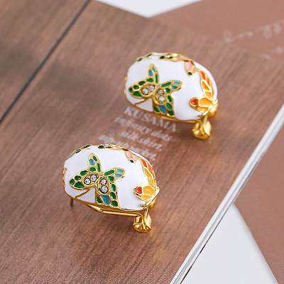 Alloy Enamel Oval with Butterfly Pattern Stud Earrings for Women WGEA3F2-01-1