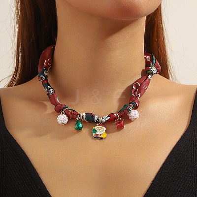 Christmas Alloy Enamel & Rhinestone & Resin & Acrylic Santa Claus Pendant Printed Cloth Scarf Necklaces for Women FS-WG8696E-05-1