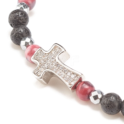 Natural & Synthetic Mixed Gemstone Beaded Stretch Bracelet with Clear Cubic Zirconia Cross for Women BJEW-JB08247-1