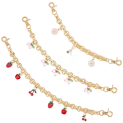 3Pcs 3 Styles Alloy Enamel Flower Cherry Apple Strawberry Charm Alloy Bag Decorative Chains AJEW-CN0006-07-1
