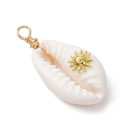 Copper Wire Wrapped Natural Cowrie Shell Pendants PALLOY-JF03554-06-1
