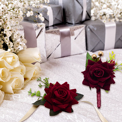 2Pcs 2 Style Rose Flower Silk Wrist and Flower Silk Brooch Sets AJEW-CP0004-58-1