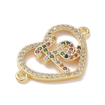 Brass Micro Pave Colorful Cubic Zirconia FE Heart Links Connector Charms KK-L268-024G-03-1