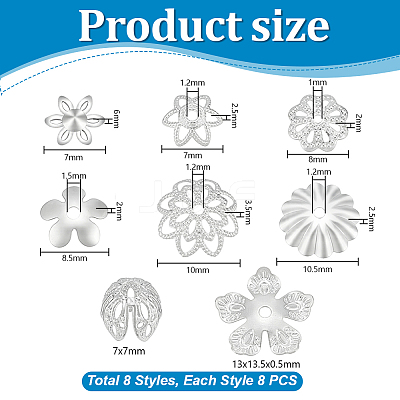 64Pcs 8 Styles Brass Bead Caps KK-PH0014-55-1