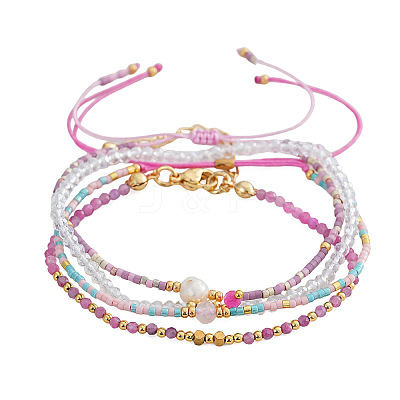 4Pcs 4 Styles Natural Gemstone Round Beaded Bracelets & Glass Seed Beads Adjustable Bracelets & Glass Round Beaded Charm Bracelets Set for Women EV4256-2-1