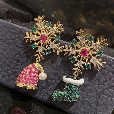 Christmas Alloy Rhinestone Dangle Stud Earrings EJEW-F399-01G-1