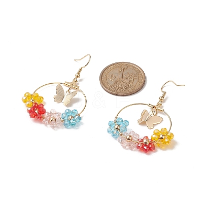 Glass Beaded Flower & Brass Butterfly Dangle Earrings EJEW-JE05218-02-1
