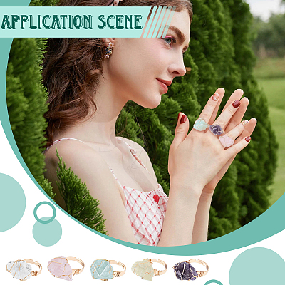 5Pcs 5 Styles Natural Yellow Quartz & Fluorite & Rose Quartz & Amethyst & Quartz Crystal Adjustable Finger Rings RJEW-FG0001-02-1