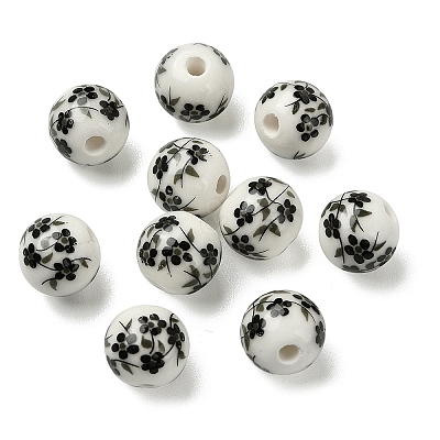 Handmade Printed Porcelain Round Beads PORC-YW0001-05E-1