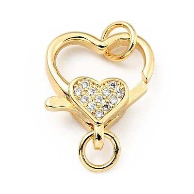 Brass Micro Pave Clear Cubic Zirconia Heart Lobster Claw Clasps KK-G416-35G-1