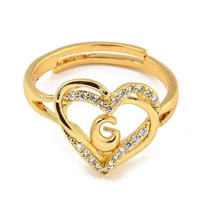 Heart with Letter Rack Plating Brass Micro Pave Clear Cubic Zirconia Adjustable Rings for Women RJEW-I105-01G-G-1