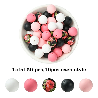 50Pcs 5 Styles Round Silicone Focal Beads SIL-YW0001-34B-1