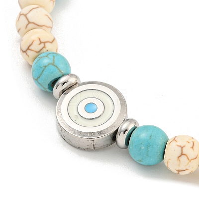Evil Eye 304 Stainless Steel & Two Tone Synthetic Turquoise Round Beaded Bracelets for Women BJEW-G717-08P-1