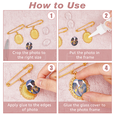 2Pcs Oval Blank Glass Dome Wedding Bouquet Photo Charms Safety Pin Brooches JEWB-AB00008-1