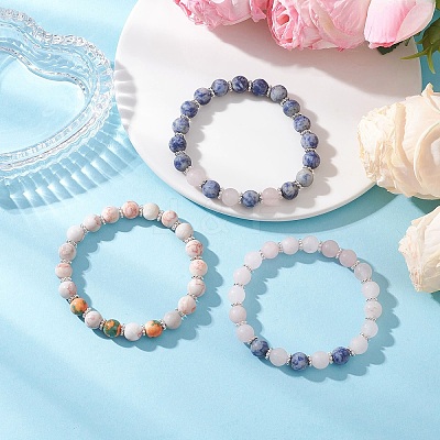 3Pcs 3 Styles Frosted Natural & Synthetic Mixed Gemstone Round Beaded Stretch Bracelets for Women Men BJEW-JB12471-1