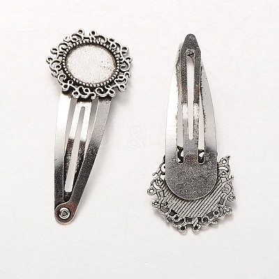 Flower Iron Snap Hair Clips with Tibetan Style Alloy Round Trays X-MAK-J002-04AS-1