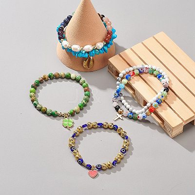 6Pcs 6 Style Natural Mixed Gemstone & Pearl & Glass Beaded Stretch Bracelets Set BJEW-JB08876-1