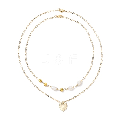 Natural Cultured Freshwater Pearl Rice Beads Brass Heart with Letter Pendant Paperclip Chain Double Layered Necklaces NJEW-JN05378-01-1