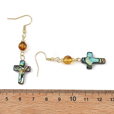 Cross Natural Amber & Abalone Shell/Paua Shell Dangle Earrings EJEW-JE07359-1