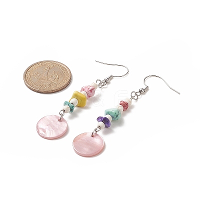Natural Shell Flat Round & Dyed Synthetic Turquoise Chips Beaded Dangle Earrings EJEW-JE05222-1