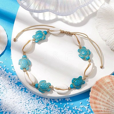 Natural Mixed Cowrie Shell with Synthetic Turquoise Beaded Anklets AJEW-AN00596-02-1