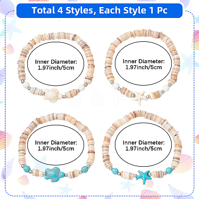 4Pcs 2 Styles Starfish & Tortoise Natural Freshwater Shell with Synthetic Turquoise Beads Stretch Bracelets for Men Women BJEW-PA0001-05-1