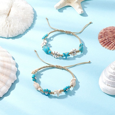 2Pcs 2 Colors Synthetic Turquoise & Magnesite Beads Braided Bracelets BJEW-TA00624-1