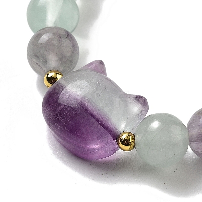 Round & Cat Head Natural Fluorite Beaded Stretch Bracelets for Women BJEW-K251-03E-1
