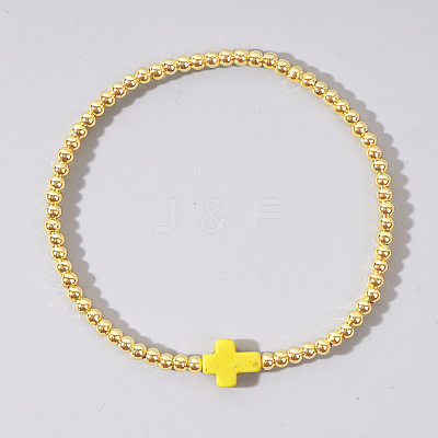Cross Synthetic Turquoise & Round Brass Beaded Stretch Bracelets VG5379-4-1