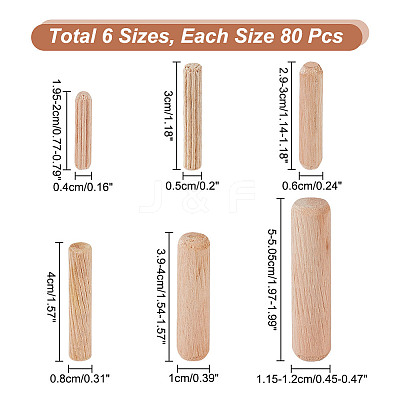 480Pcs 6 Styles Wood Grooved Dowel Pins AJEW-NB0005-87-1
