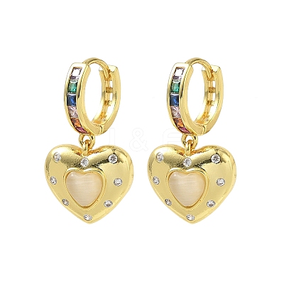 Brass Micro Pave Cubic Zirconia and Cat Eye Beads Heart Hoop Dangle Earrings KK-CBAD9DF-01G-A-1