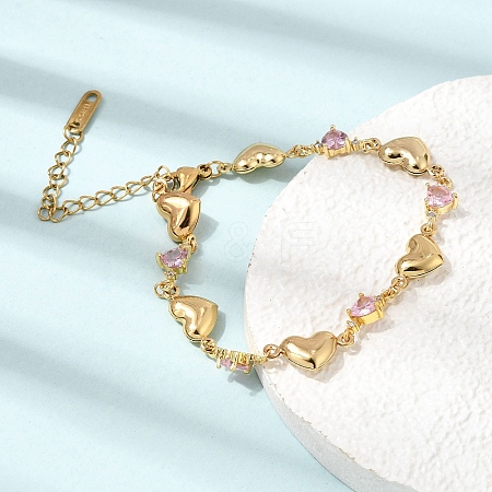 304 Stainless Steel Pave Pink Cubic Zirconia Heart Link Chain Bracelets SA-CBAF6AD-11G-1