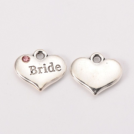 Wedding Theme Antique Silver Tone Tibetan Style Heart with Bride Rhinestone Charms TIBEP-N005-12D-1