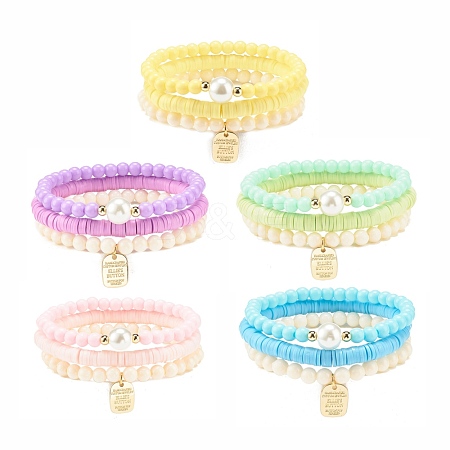 3Pcs Handmade Polymer Clay Heishi Surfer Stretch Bracelets Set with Glass Pearl BJEW-JB08072-1