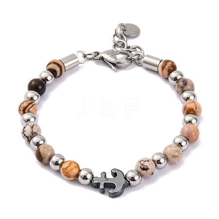 Natural Mixed Stone & Synthetic Magnetic Hematite Anchor Beaded Bracelet BJEW-P339-01P-01-1