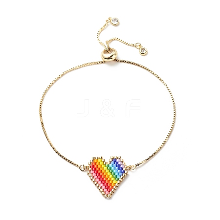 Rainbow Color Japanese Seed Braided Heart Link Slider Bracelet BJEW-MZ00002-1