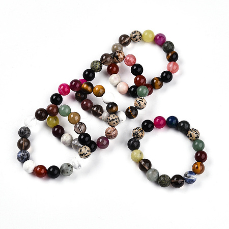 Natural Mixed Gemstone Round Beads Stretch Bracelets for Women Men  G-T141-20-1