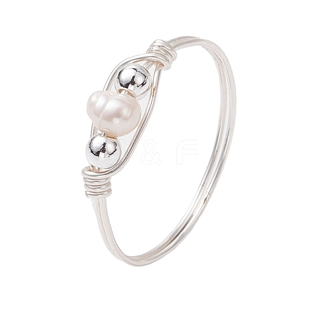 Copper Wire Wrapped Natural Cultured Freshwater Pearl Beads Finger Rings for Women RJEW-JR00775-02-1