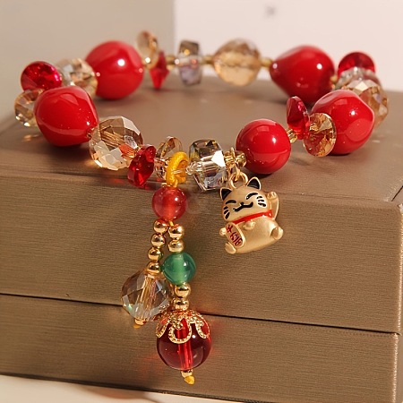 Teardrop & Fortune Cat Alloy Glass Charm Bracelets FS-WG2F667-01-1