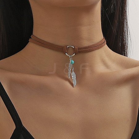 Bohemian Style Alloy Feather with Synthetic Turquoise Pendant Choker Necklaces for Women NJEW-G158-01B-1