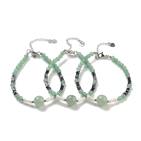 Natural Green Aventurine Round & Synthetic Non-magnetic Hematite & White Shell Beaded Bracelets for Women BJEW-K251-02H-1