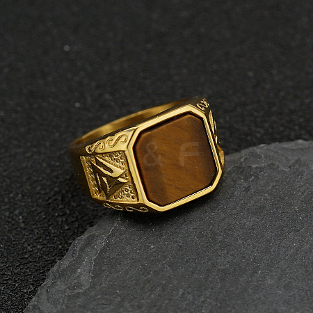 304 Stainless Steel with Natural Tiger Eye Finger Rings FS-WG06E27-04-1