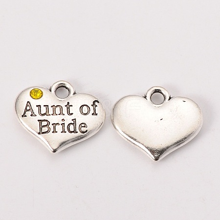 Wedding Theme Antique Silver Tone Tibetan Style Heart with Aunt of Bride Rhinestone Charms X-TIBEP-N005-09E-1